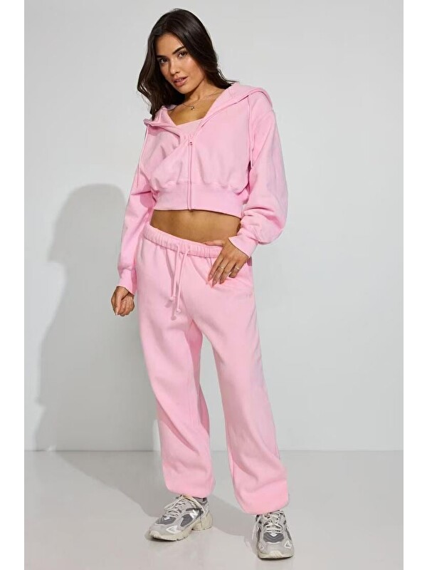 Madmext Pembe Crop Kapüşonlu Fermuarlı Kadın Sweatshirt Mg2608