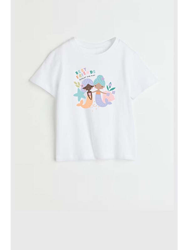 Monila Kız Çocuk Bisiklet Yaka Deniz Kızı Baskılı Tshirt