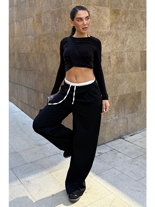 Madmext Siyah Çift Bel Bantlı Wide Leg Kadın Pantolon Mg2551