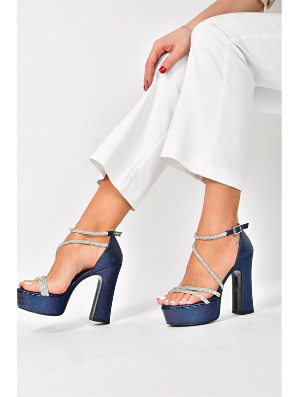 Lacivert Suni Deri Platform Kalın Topuklu Kadın Abiye Ayakkabı M348202614 - Görsel 3