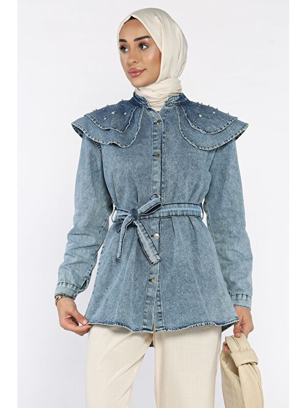 Julude Bebe Yaka Bel Kuşaklı Tesettür Jean Jean Tunik