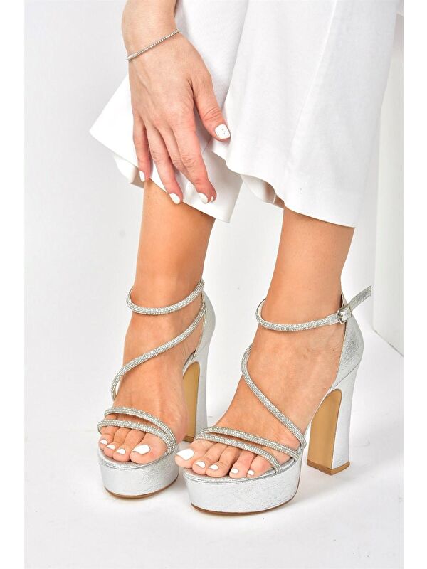 Gümüş Suni Deri Platform Kalın Topuklu Kadın Abiye Ayakkabı M348202614 - Görsel 2
