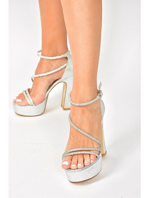 Gümüş Suni Deri Platform Kalın Topuklu Kadın Abiye Ayakkabı M348202614 - Görsel 4