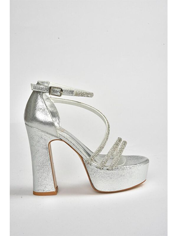Gümüş Suni Deri Platform Kalın Topuklu Kadın Abiye Ayakkabı M348202614 - Görsel 6