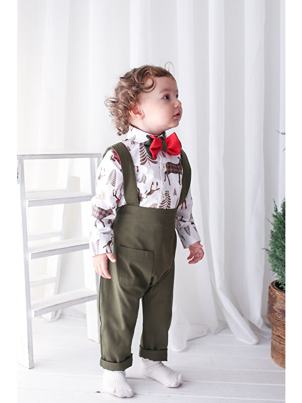 Catz Kids Yeni Yıl Kırmızı Haki Harem Salopet + Geyik Desen Gömlek + Papyon