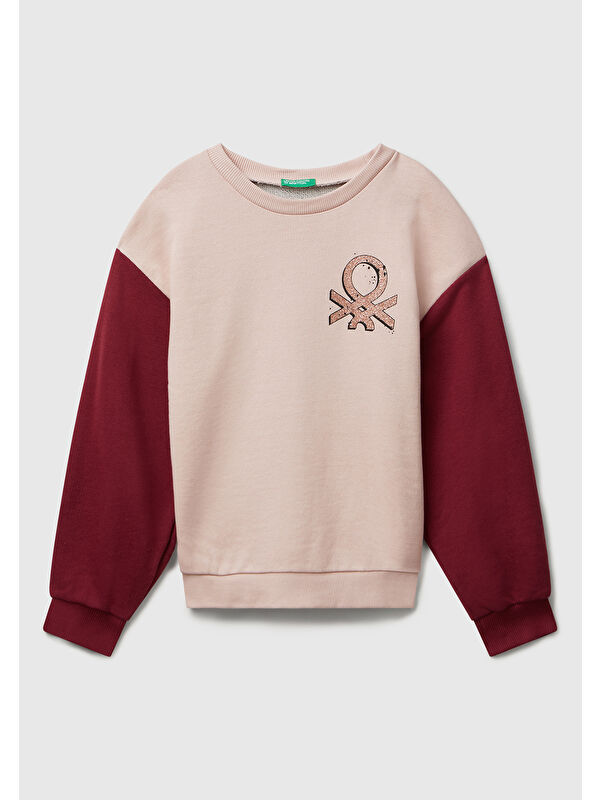 United Colors Of Benetton Kız Çocuk Siyah-Gri Mix Parıltılı Logo Baskılı Ribanalı Bisiklet Yaka Sweatshirt