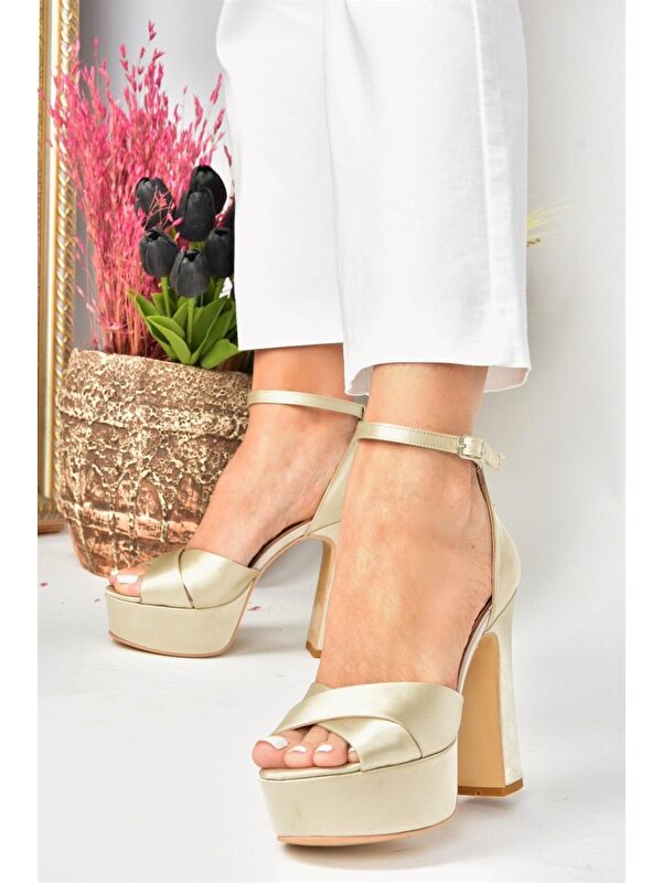 Bej Kumaş Platform Kalın Topuklu Abiye Ayakkabı M348202504 - Görsel 3