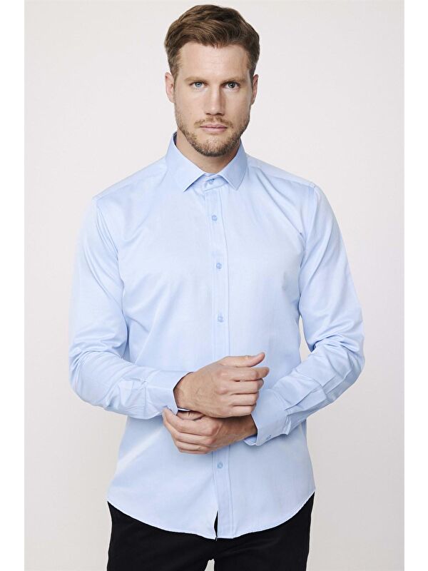 TUDORS Erkek Modern Slim Fit Düz Saten Pamuklu Mavi Gömlek