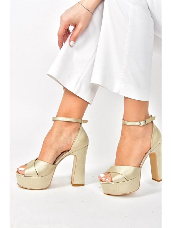 Bej Kumaş Platform Kalın Topuklu Abiye Ayakkabı M348202504 - Görsel 4