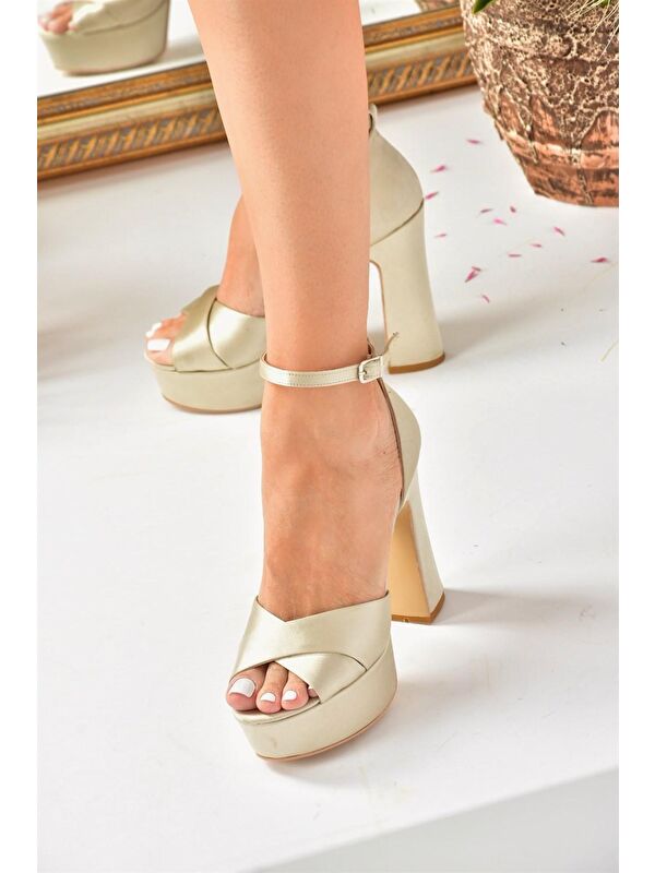 Bej Kumaş Platform Kalın Topuklu Abiye Ayakkabı M348202504 - Görsel 6