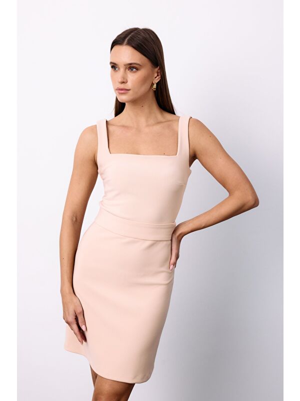 SATEEN Kare Yaka Crop Bluz - Bej