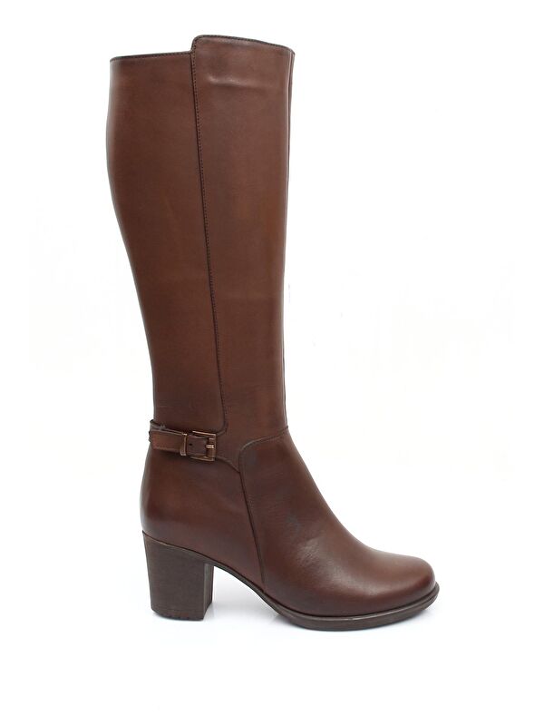 Hakiki Deri Yuvarlak Burun Kauçuk Taban Topuklu Fermuarlı Tokalı Kadın Günlük Çizme 46501 - Görsel 3