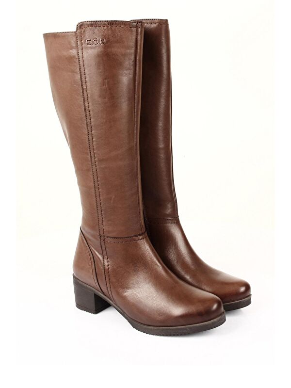 Hakiki Deri Yuvarlak Burun Kauçuk Taban Topuklu Fermuarlı Kadın Günlük Çizme 44567 - Görsel 3