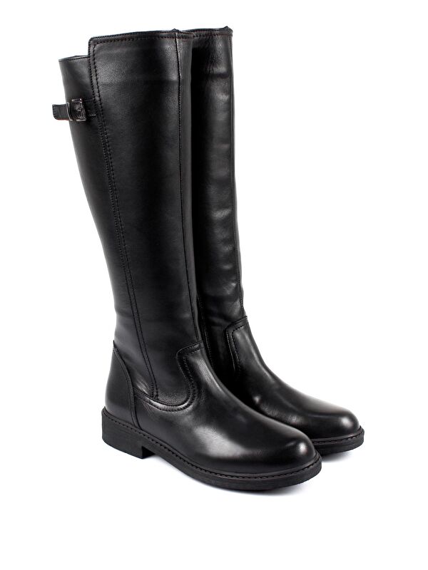 Hakiki Deri Yuvarlak Burun Kauçuk Taban Topuklu Fermuarlı Tokalı Kadın Günlük Çizme 44570 - Görsel 3