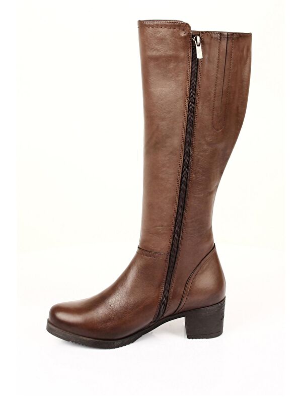 Hakiki Deri Yuvarlak Burun Kauçuk Taban Topuklu Fermuarlı Kadın Günlük Çizme 44567 - Görsel 6