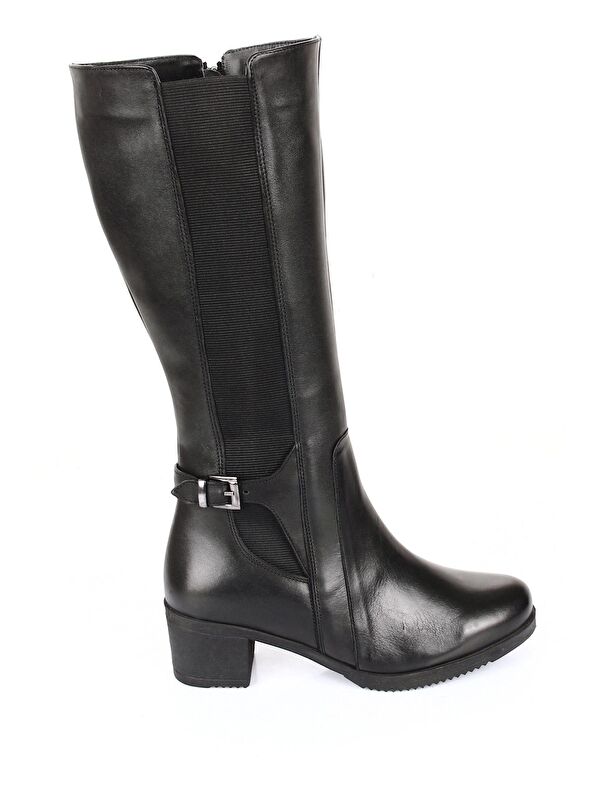 Hakiki Deri Yuvarlak Burun Kauçuk Taban Topuklu Fermuarlı Tokalı Kadın Günlük Çizme 44594 - Görsel 5