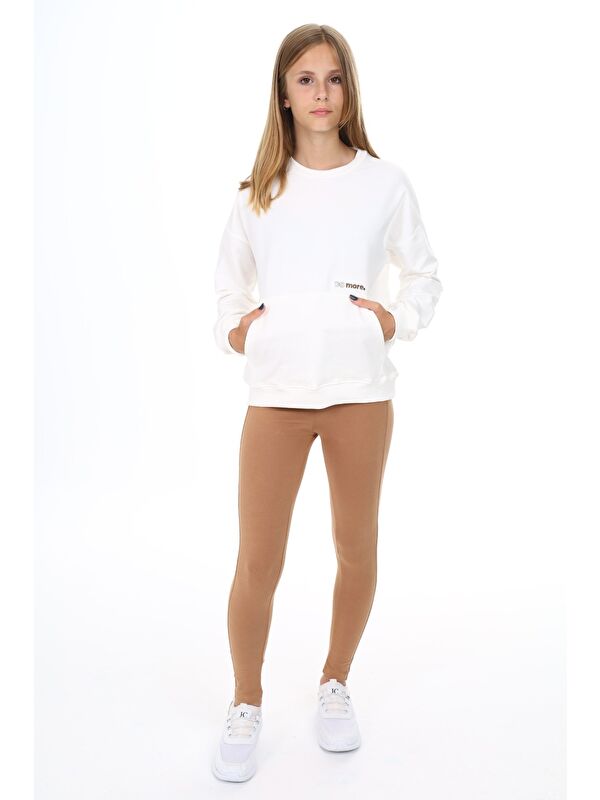 Toontoykids Kız Çocuk 2'li Takım Baskılı Bisiklet Yaka Düşük Omuz Cepli Sweatshirt & Basic Düz Tayt