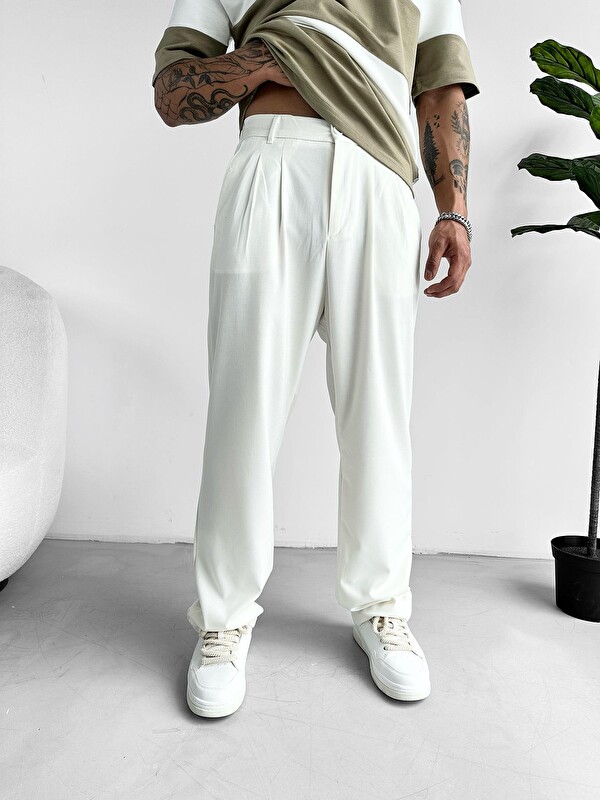 Abluka Online Baggy Fit Kumaş Erkek Pantolon Beyaz