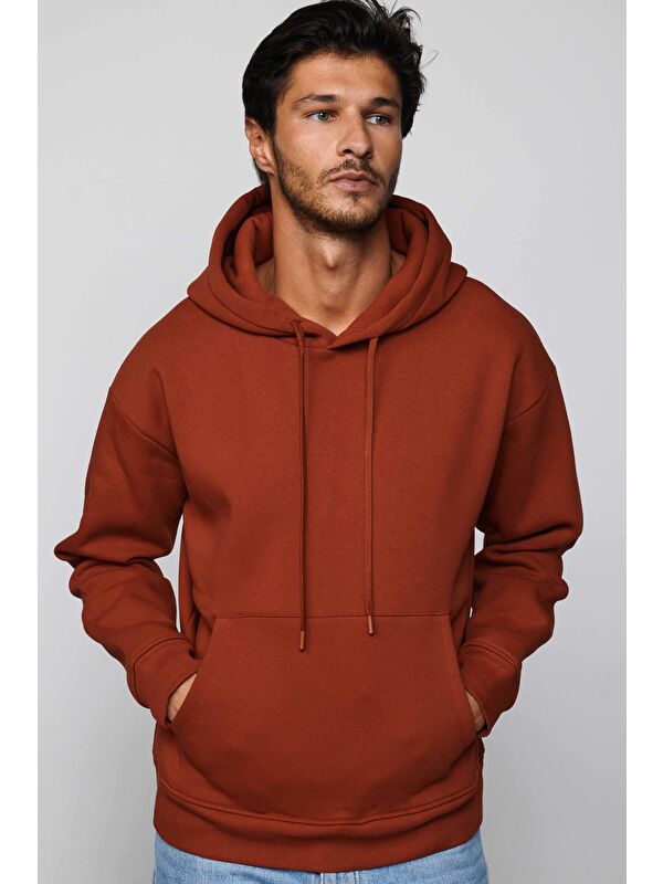 TUDORS Oversize Pamuk Kapüşonlu Basıc Kremit Unisex Erkek Hoodie