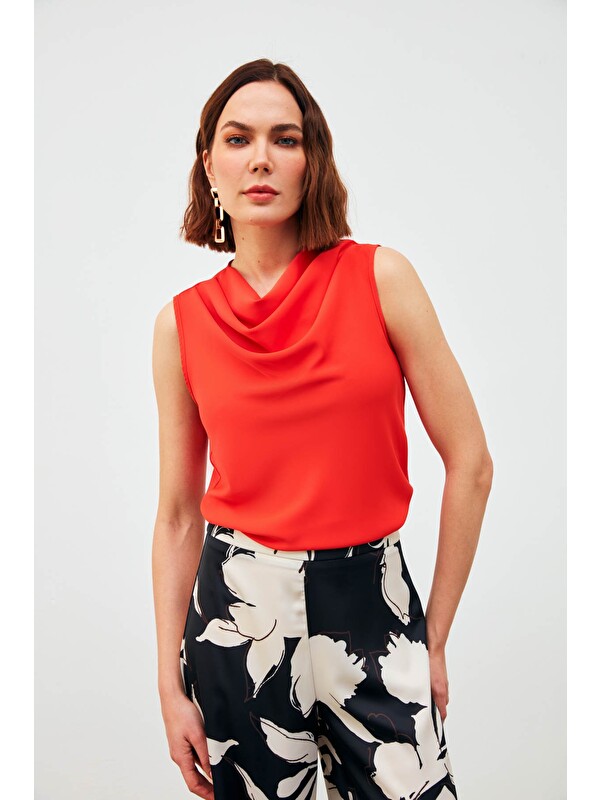 SATEEN Degaje Yaka Kolsuz Bluz - Mercan