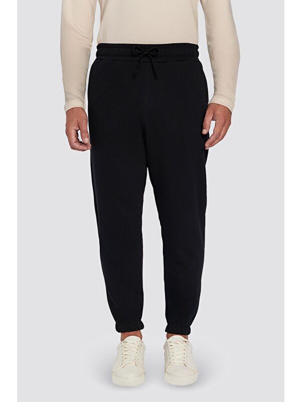 TUDORS Unisex Relax Fit Rahat Kesim Şardonlu 3 Cepli Lastikli Jogger Paça Siyah Erkek Jogger Eşofman Altı