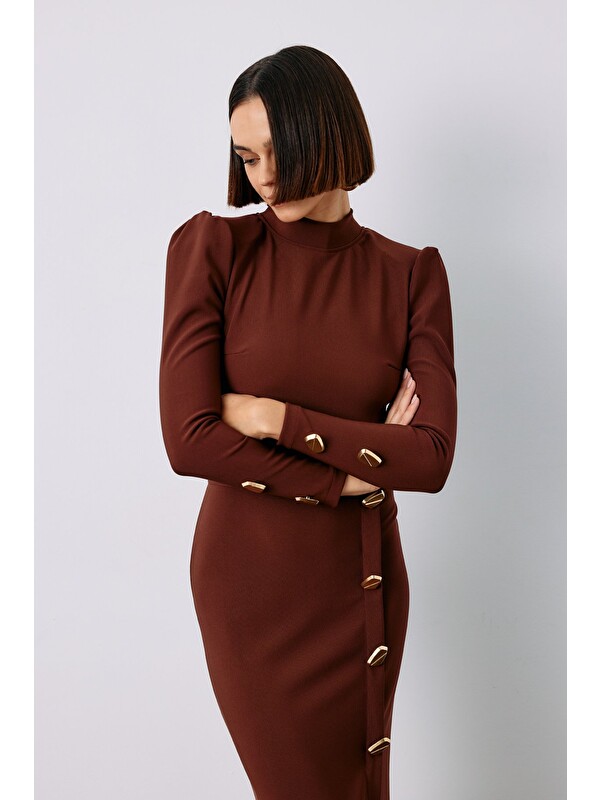 SATEEN Düğme Detaylı Crop Bluz - Kahve
