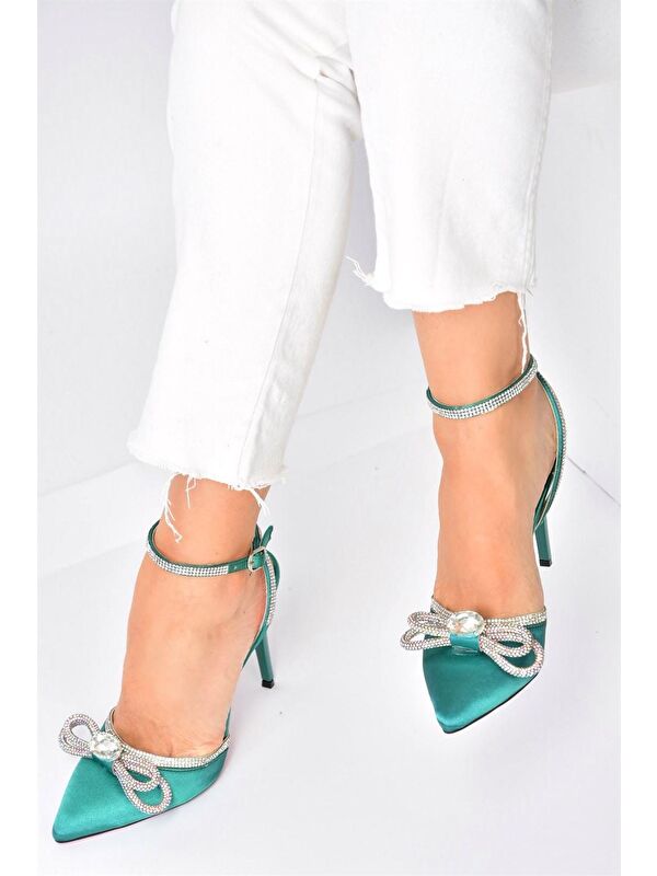 Yeşil Saten Kumaş Taşlı Kadın Topuklu Ayakkabı K654051204 - Görsel 5