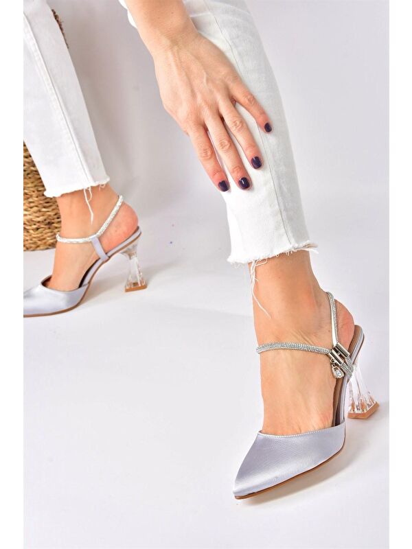 Gümüş Saten Kumaş Kadın Abiye Topuklu Ayakkabı M246066904 - Görsel 2