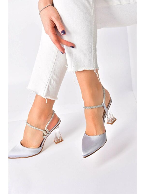 Gümüş Saten Kumaş Kadın Abiye Topuklu Ayakkabı M246066904 - Görsel 3