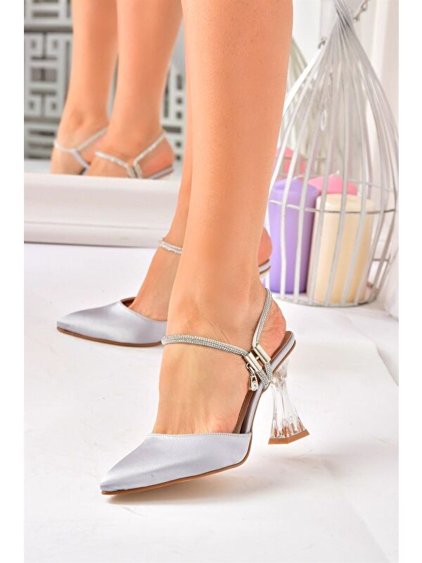 Gümüş Saten Kumaş Kadın Abiye Topuklu Ayakkabı M246066904 - Görsel 4