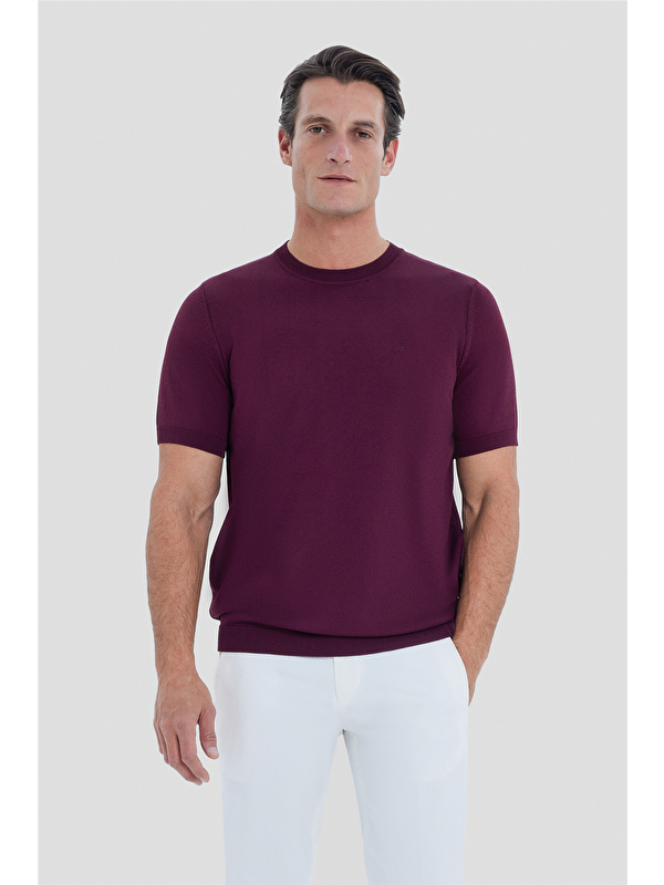 Sabri Özel Erkek Bordo Dar Kesim Slim Fit Viskon Triko Bisiklet Yaka Tişört