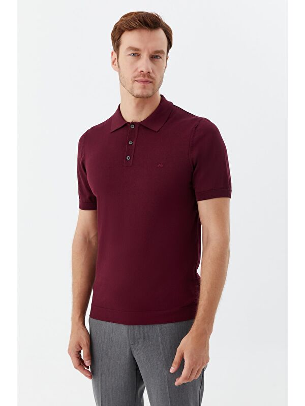 Sabri Özel Erkek Bordo Normal Kesim Regular Fit Viskon Dokuma Düğmeli Polo Yaka Tişört