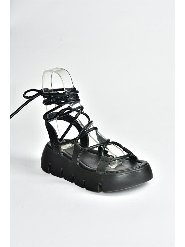 Siyah Kalın Tabanlı Bilekten Bağlamalı Kadın Sandalet M267083009 - Görsel 6