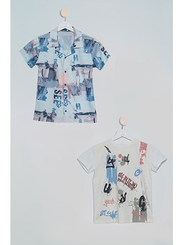 For You Kids 2'Li See Baskılı Gömlek Tshirt İndigo Takım