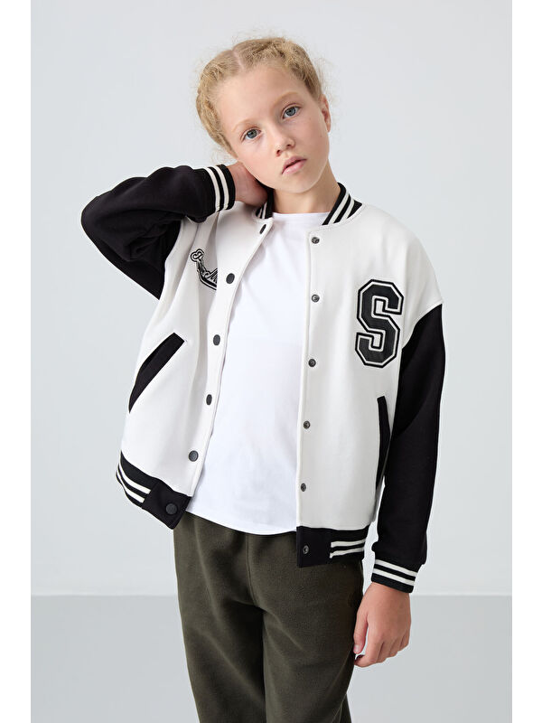 Tommylife Ekru Pamuklu İçi Tüylü Yumuşak Dokulu Standart Fit Nakışlı Kız Çocuk Kolej Ceket - 75163