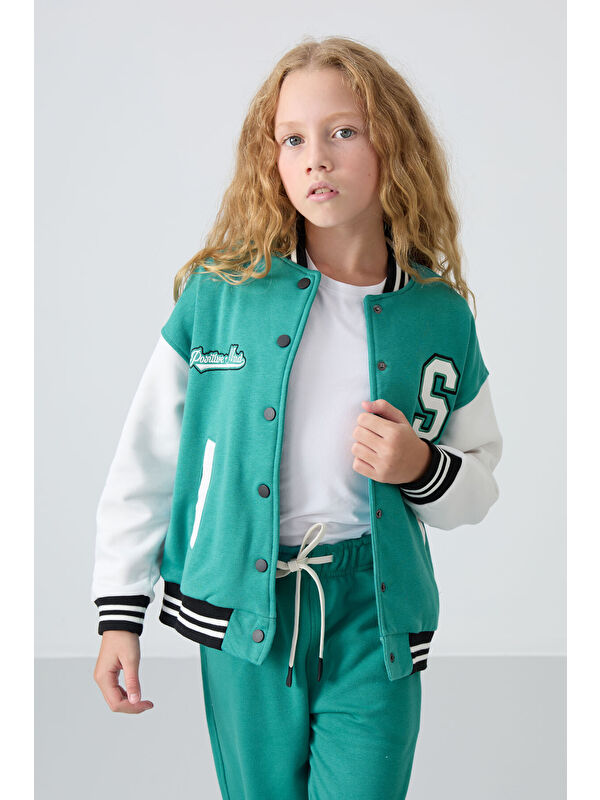 Tommylife Deniz Yeşil Pamuklu İçi Tüylü Yumuşak Dokulu Standart Fit Nakışlı Kız Çocuk Kolej Ceket - 75163