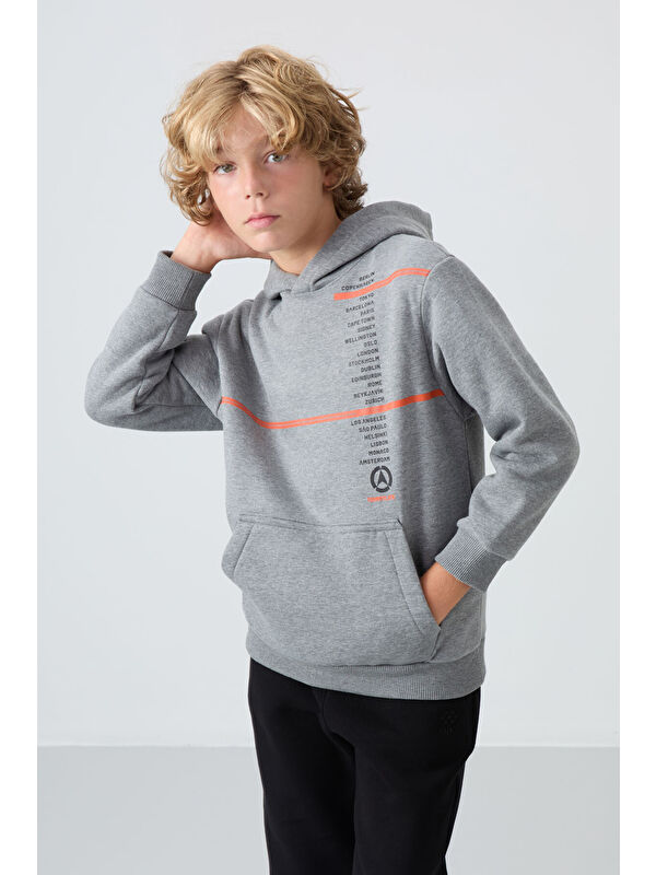 Tommylife Gri Melanj Pamuklu Kalın İçi Tüylü Yumuşak Dokulu Standart Fit Baskılı Erkek Çocuk Sweatshirt - 112