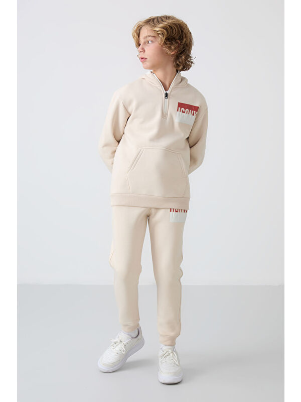 Tommylife Bej Pamuklu Kalın İçi Tüylü Yumuşak Dokulu Standart Fit Baskılı Erkek Çocuk Eşofman Takım - 11246