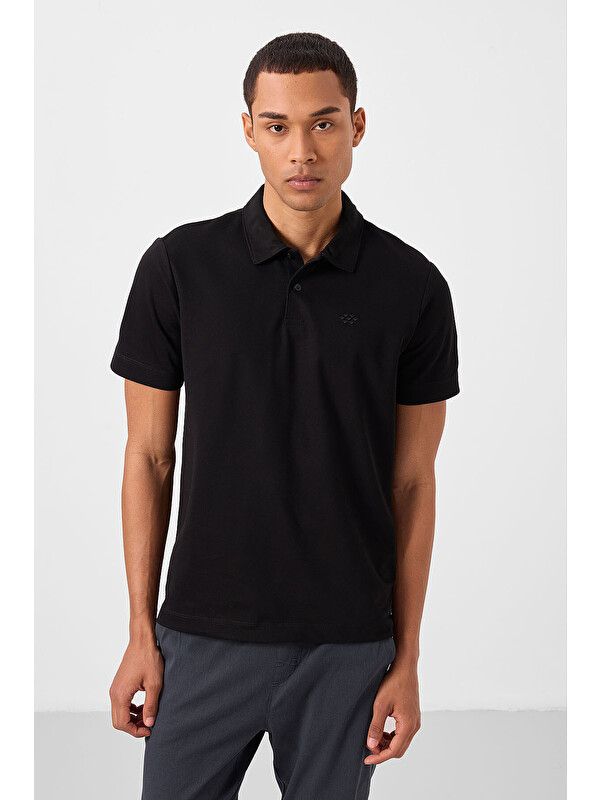 Tommylife Siyah Basic Logolu Standart Kalıp Triko Polo Yaka Erkek Tişört - 87748