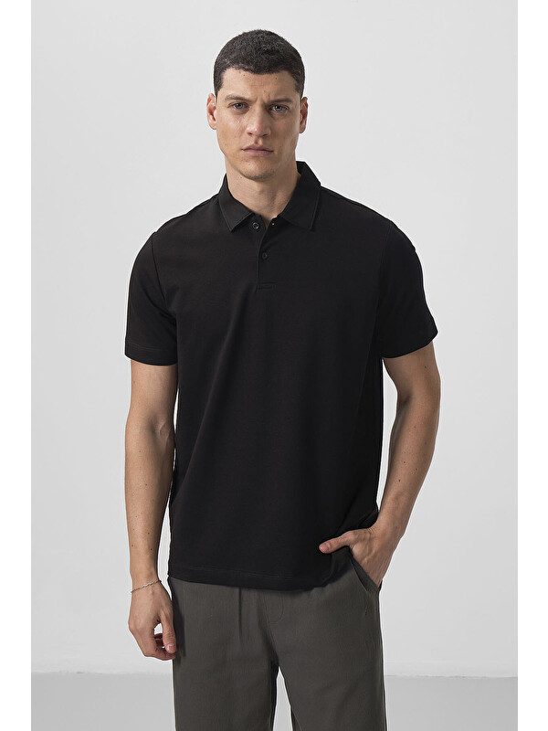 Tommylife Siyah Basic Göğüs Logolu Standart Kalıp Triko Polo Yaka Erkek Tişört - 87768