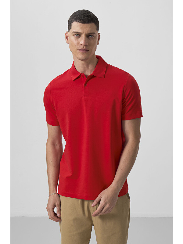 Tommylife Kırmızı Basic Göğüs Logolu Standart Kalıp Triko Polo Yaka Erkek Tişört - 87768