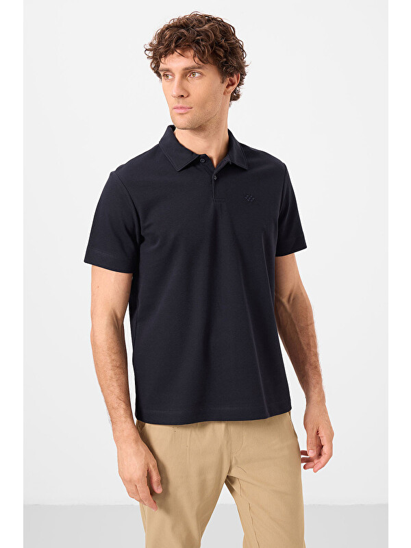 Tommylife Lacivert Basic Logolu Standart Kalıp Triko Polo Yaka Erkek Tişört - 87748