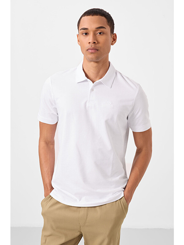 Tommylife Beyaz Basic Logolu Standart Kalıp Triko Polo Yaka Erkek Tişört - 87748