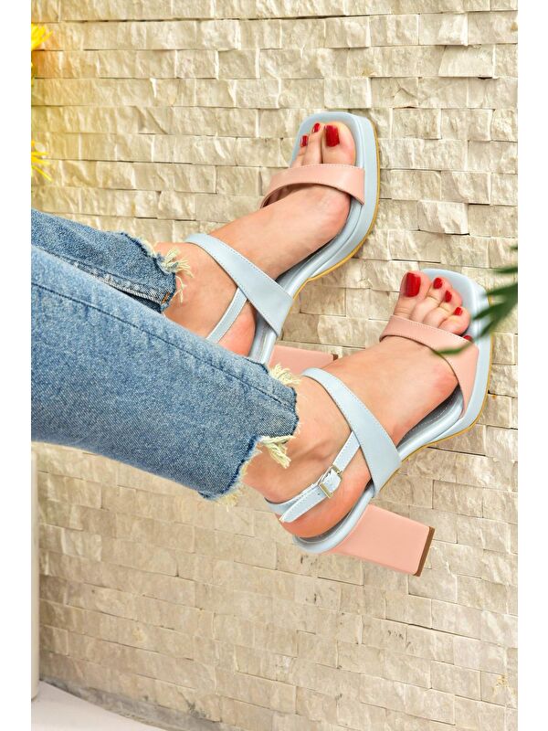 Mavi/Pudra Kalın Platform Topuklu Kadın Ayakkabı M282062309 - Görsel 6