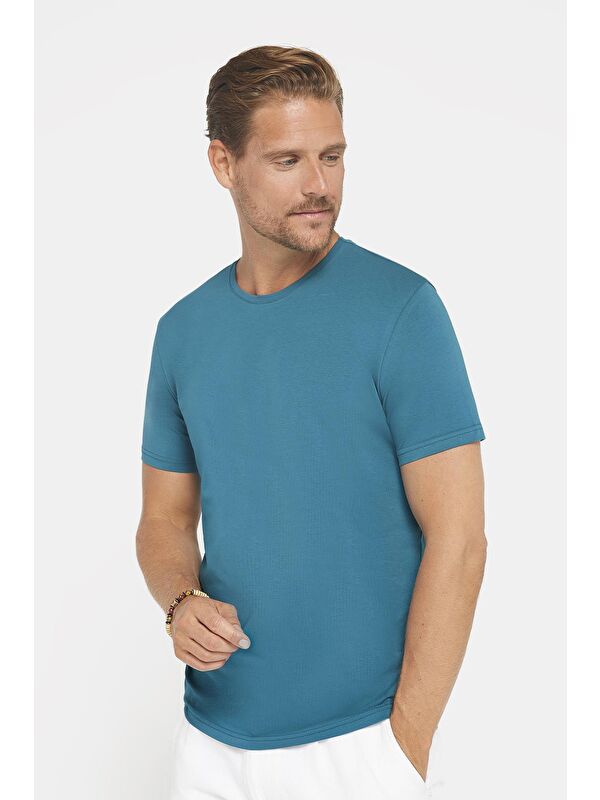 TUDORS Erkek Slim Fit Dar Kesim Pamuklu Yumuşak Dokulu Esnek Kumaş Düz Basic Petrol Bisiklet Yaka Tişört