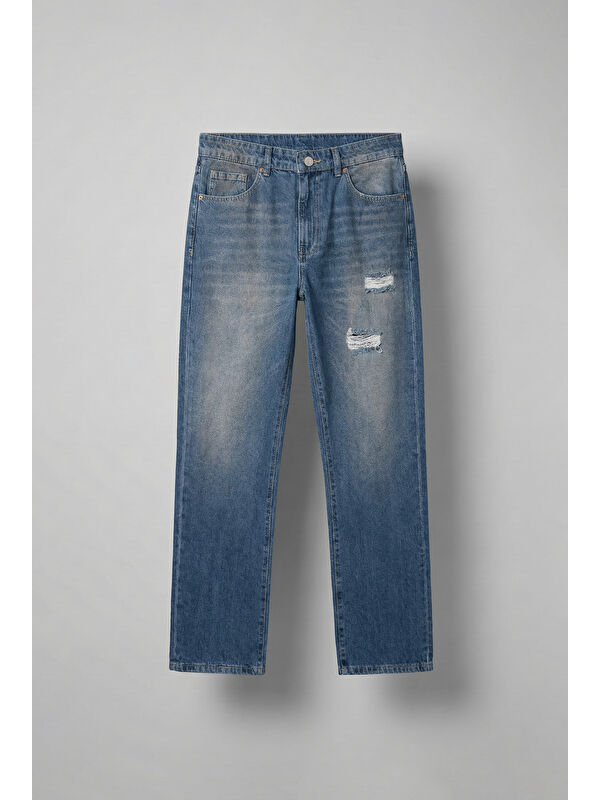 Abluka Online Erkek Yırtık Soluk Efektli Baggy Fit Jean Mavi