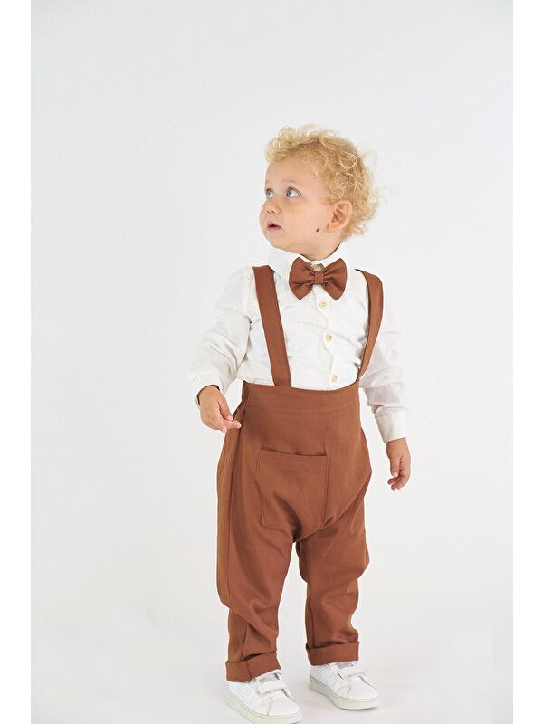 Catz Kids 2'li Kahve Gabardin Harem Salopet + Papyon ( Gömlek Dahil Değildir )
