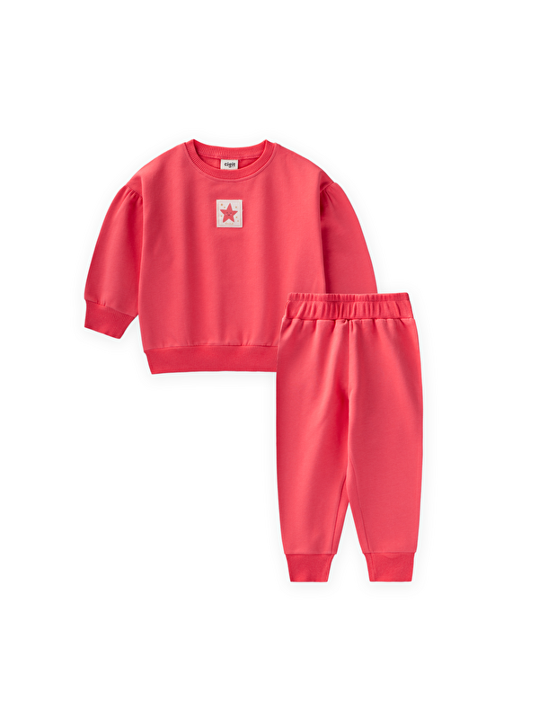 CİGİT Etiket Detaylı Sweatshirt Takım 1-7 Yaş Mercan
