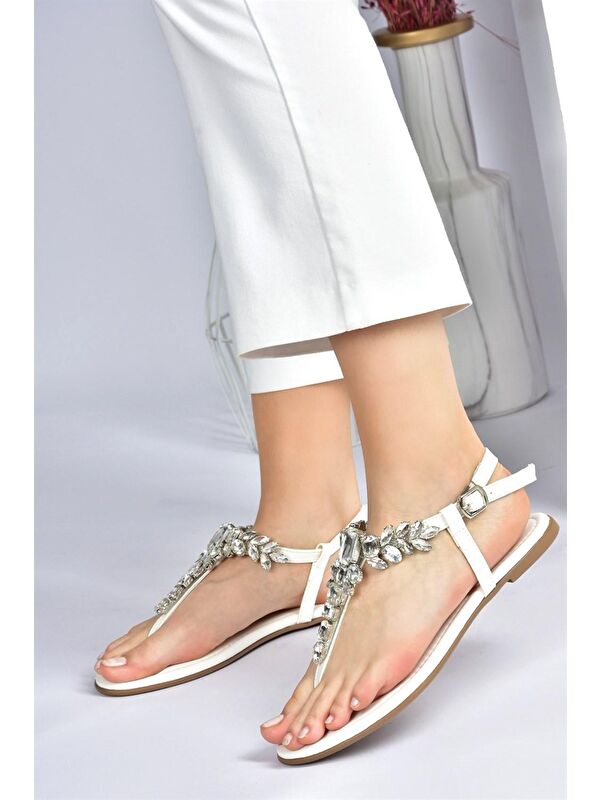 Beyaz Taşlı Parmak Arası Kadın Sandalet M272006009 - Görsel 4