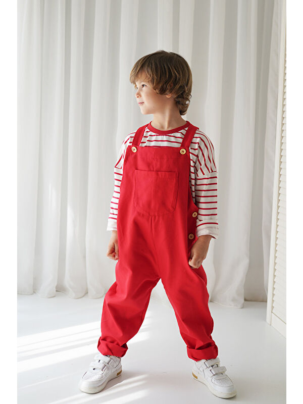 Catz Kids Kırmızı Gabardin Askılı Tulum + Kırmızı Beyaz Çizgili Sweat